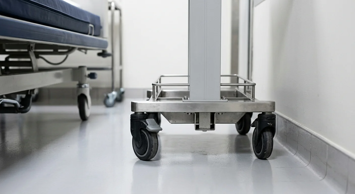 Compact single pillar medical trolley design showing maneuverability in a narrow clinic hallway.