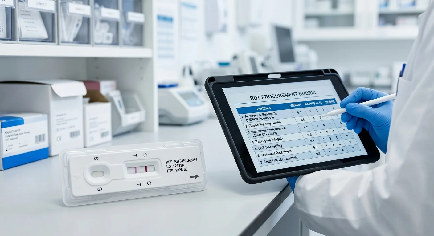 Close-up of a diagnostic kit used for evaluating rapid test kits for institutional procurement.