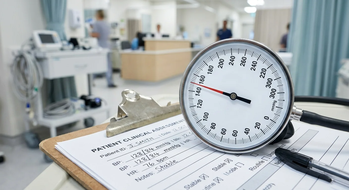 Close-up of a manual bp machine large dial on a medical procurement checklist for facility assessment.