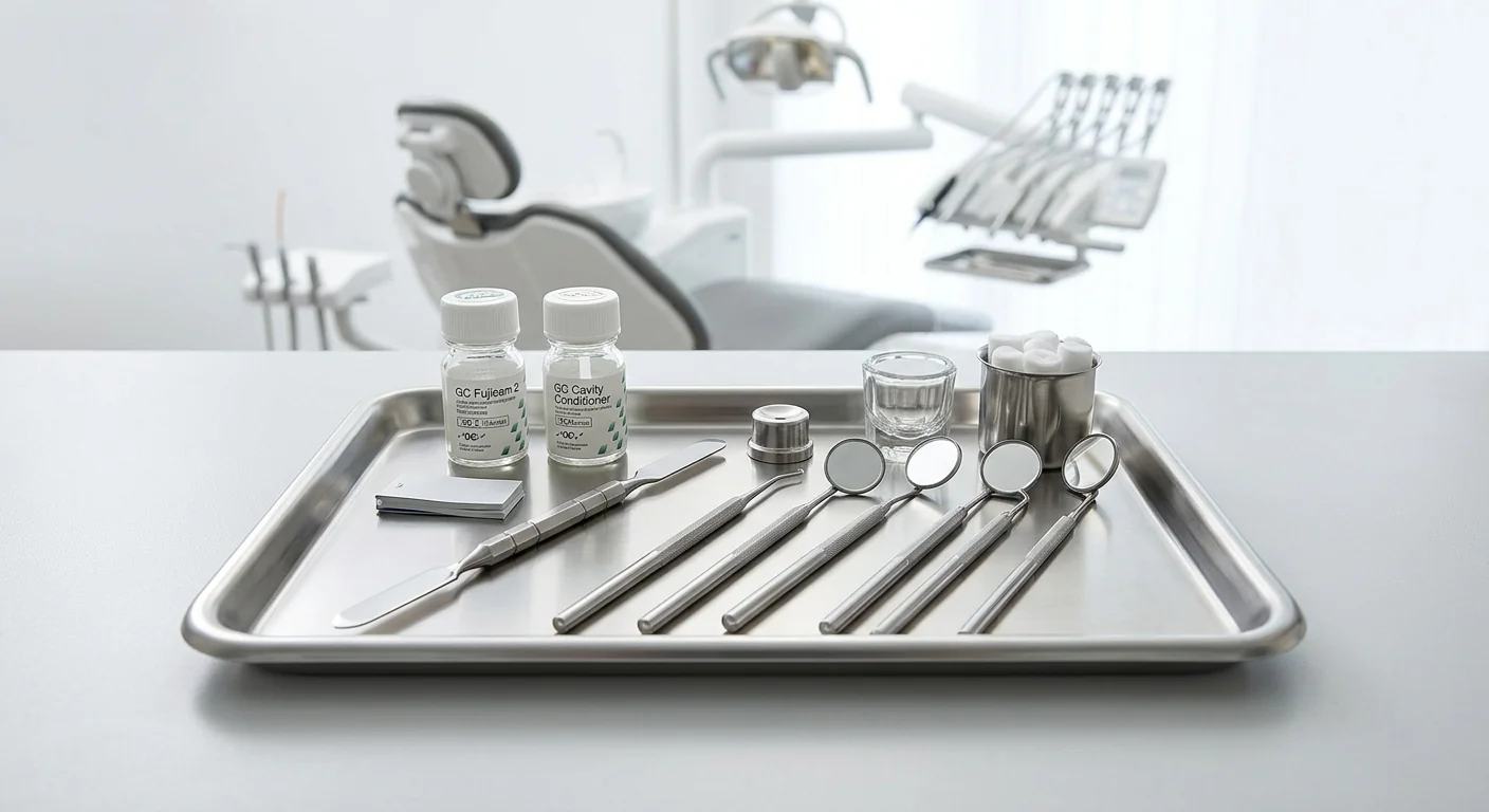 Organized dental restorative GIC supplies on a clinical tray for a procurement needs assessment.