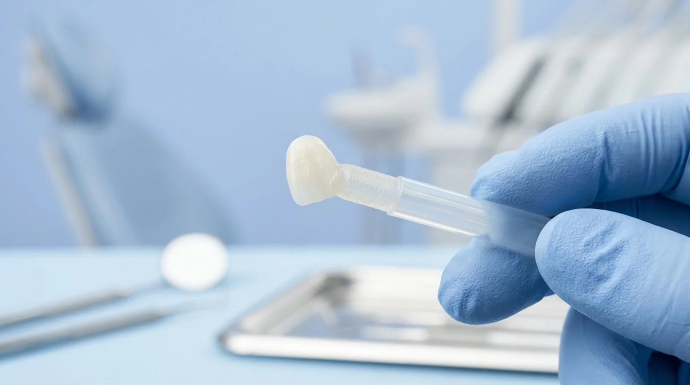 Clinical use of a dental veneer glue stick for precise positioning of a ceramic veneer.