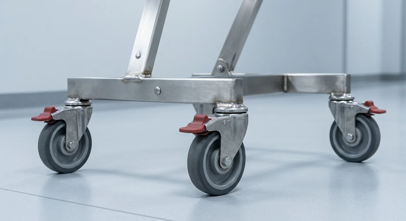 Close-up of the durable wheels and frame assembly for a medansh z trolley online procurement checklist.