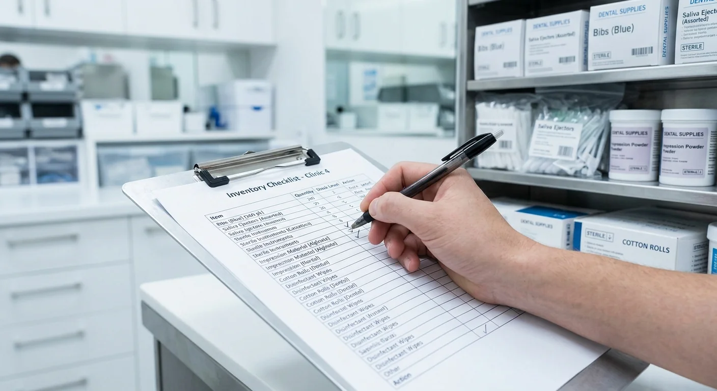 A clinical inventory checklist being completed to determine dental film procurement needs and operational strategy.