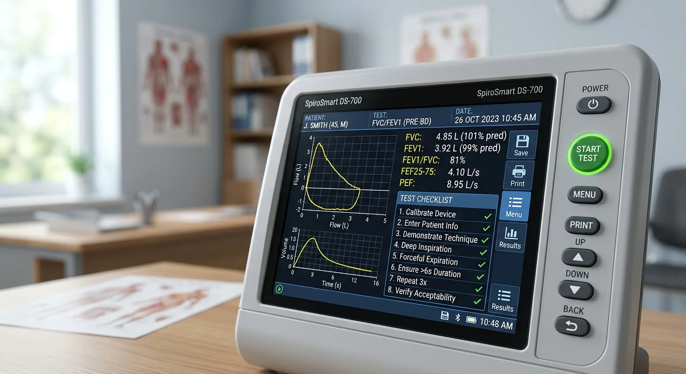 Close-up of a diagnostic spirometer digital screen showing technical specifications for healthcare procurement evaluation.