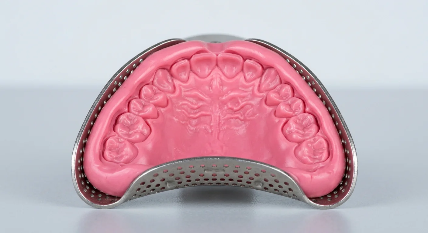 Close-up of a precise dental impression made with strawberry flavored alginate showing material tear strength.