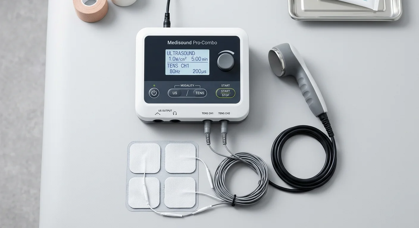 Close-up of integrated ultrasound and TENS attachments illustrating the operational benefits of combination therapy units.