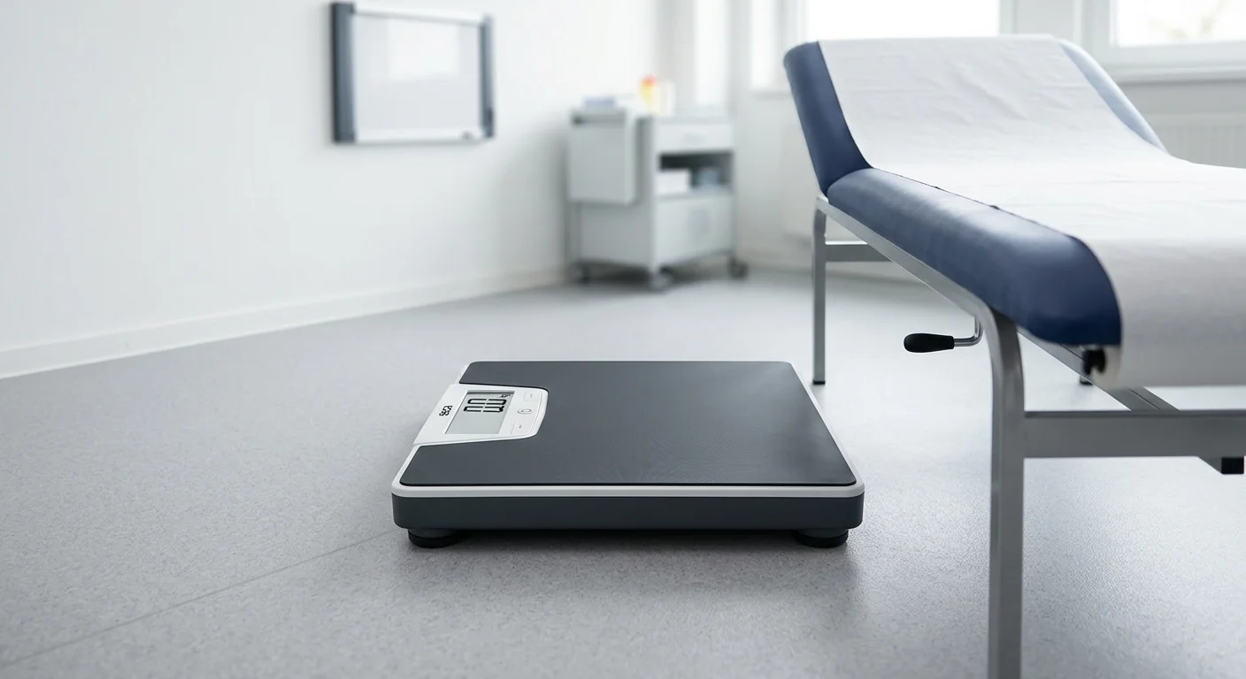 High-quality digital body weight scale unit in a clinical outpatient department environment.