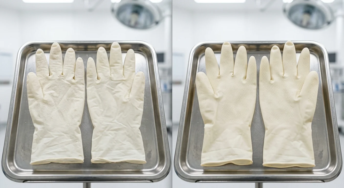 Comparison of standard and BIS-certified powdered latex medical examination gloves for medical facility standards.