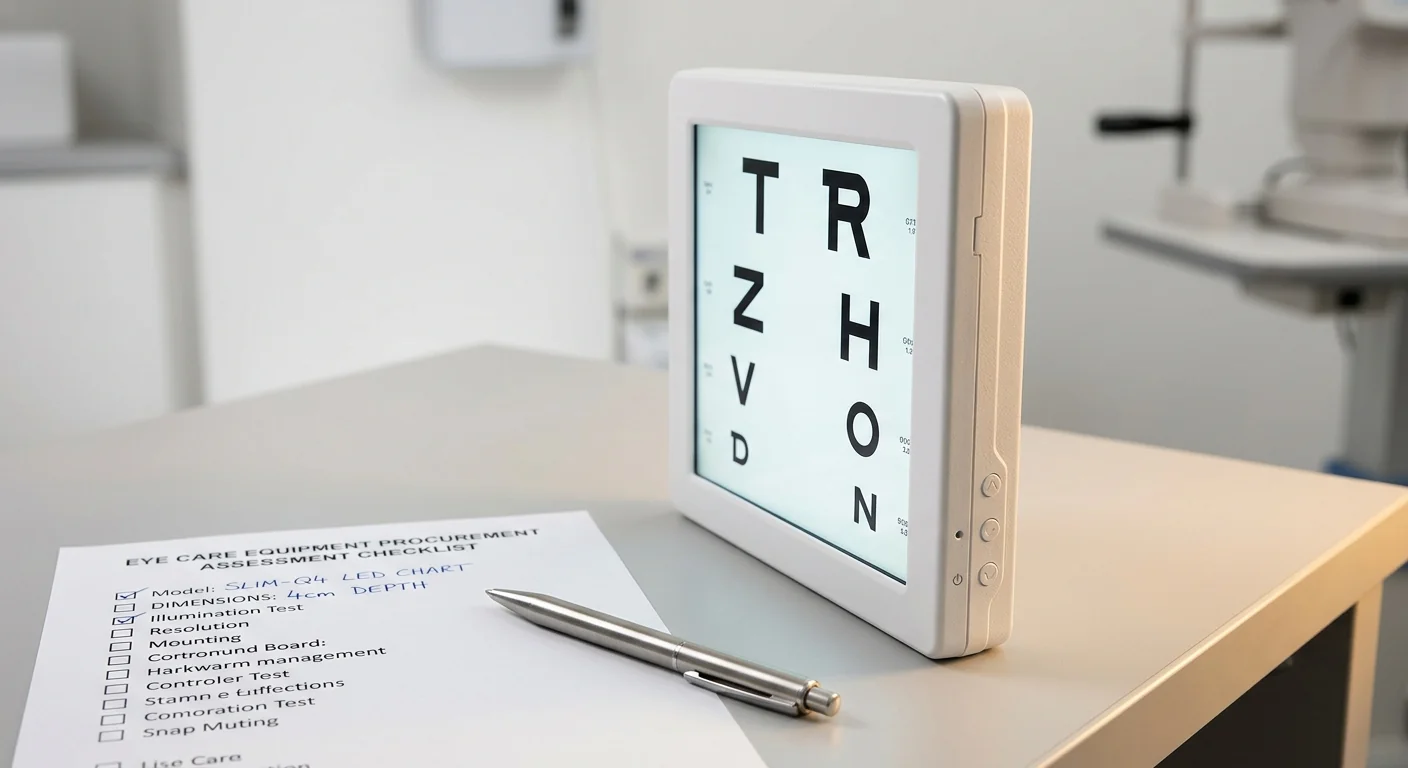 Detailed view of a slim LED eye chart alongside a procurement checklist for medical facility planning.