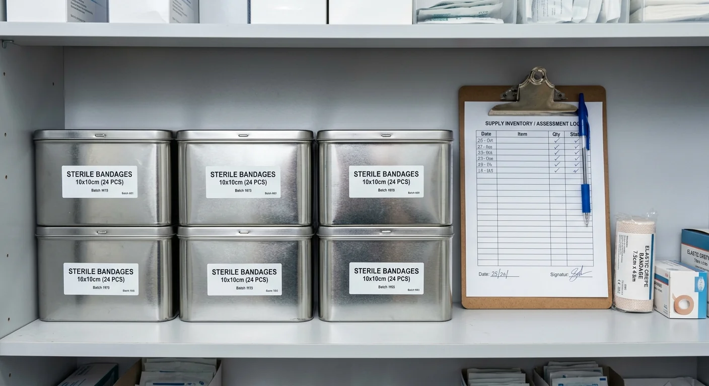 Organized medical inventory of adhesive bandages representing a procurement checklist for hospital supply managers.