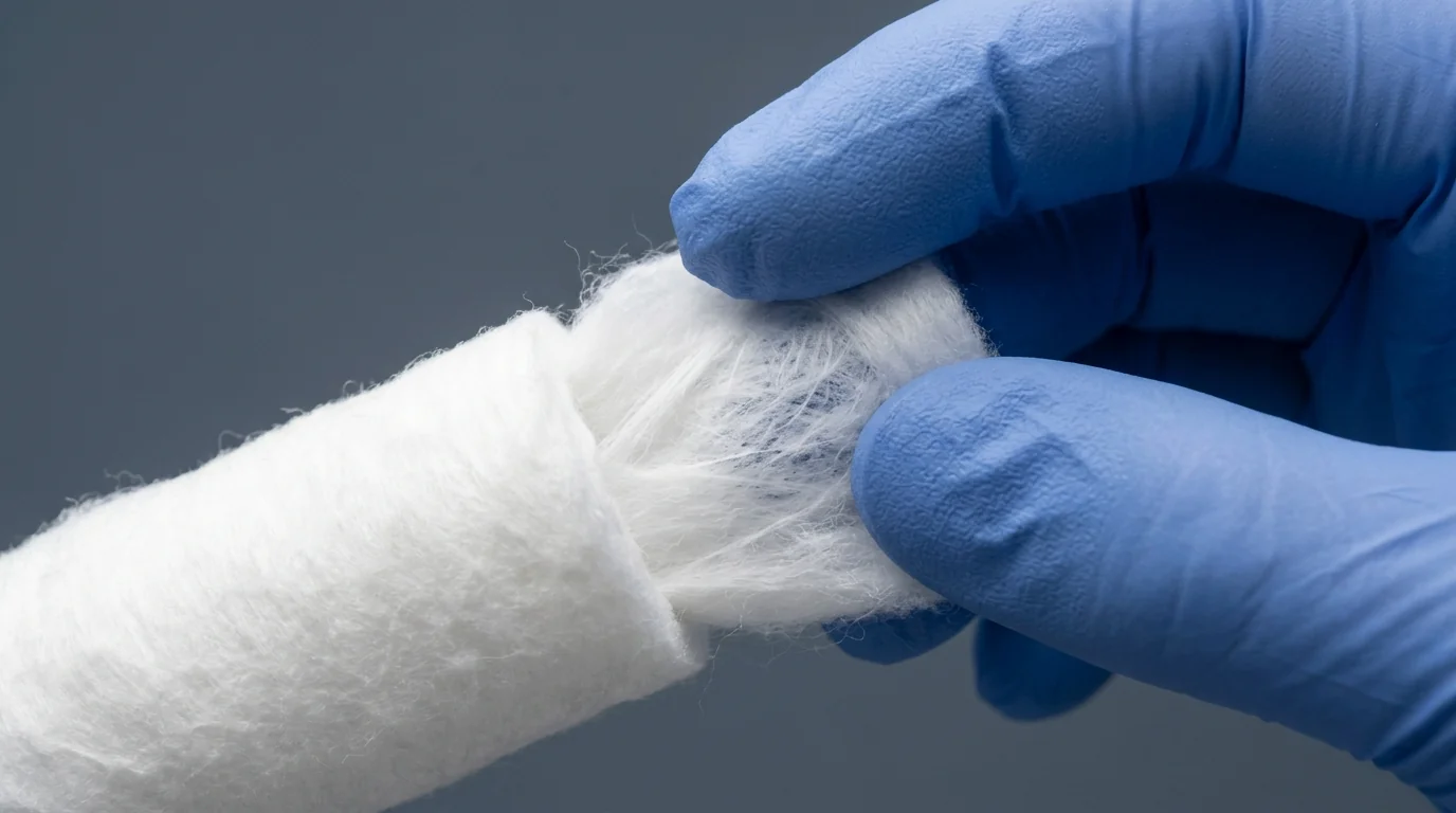 Close-up of a healthcare professional inspecting the fiber quality of an absorbent medical cotton roll.