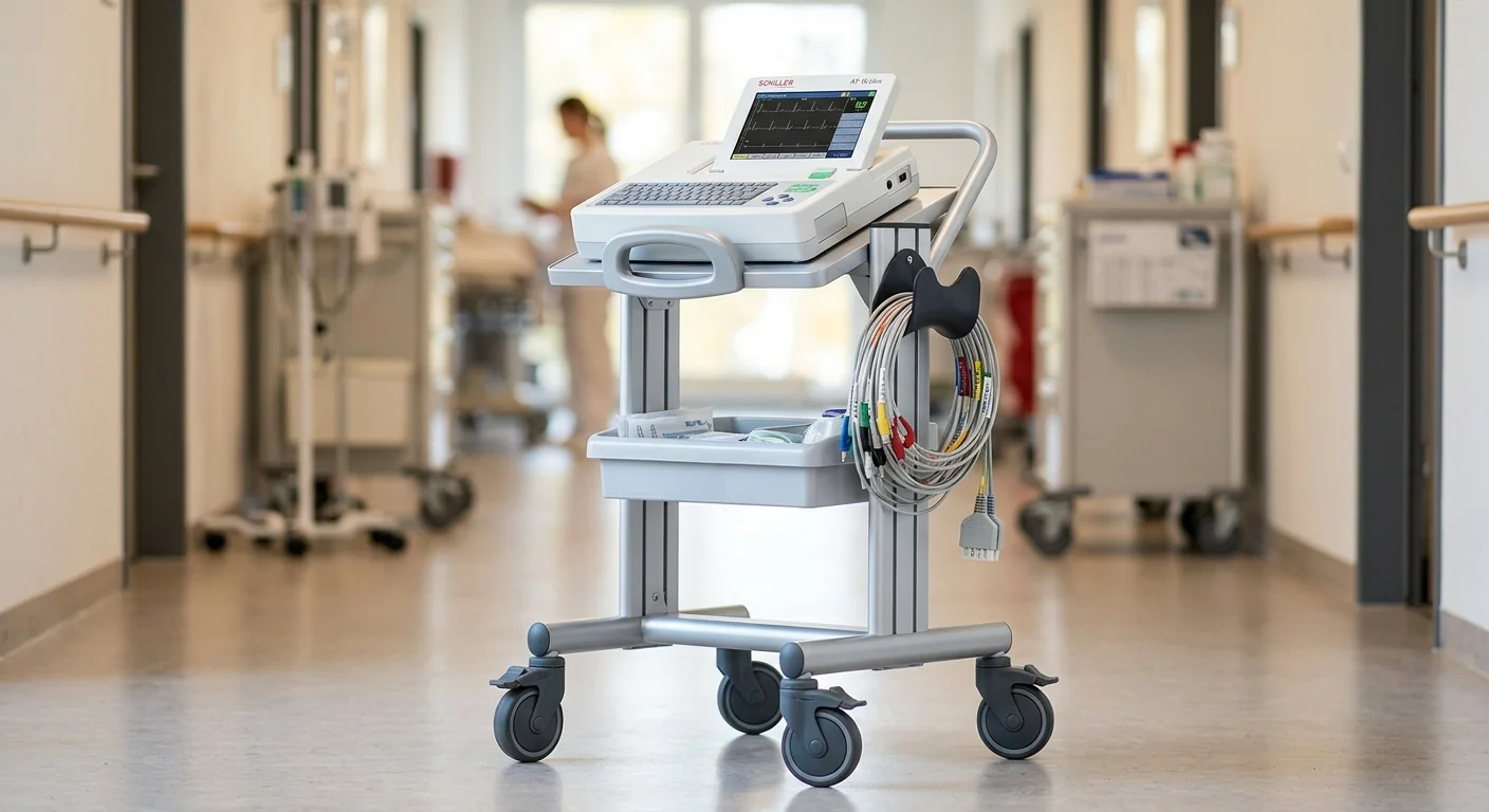 Portable ECG machine on a mobile cart illustrating equipment suitability for hospital ward rounds.