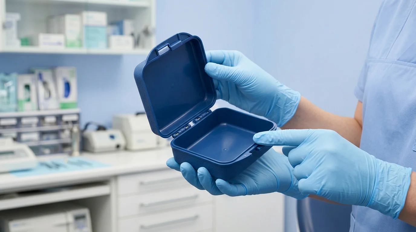 Dental professional inspecting a denture storage box during a procurement needs assessment checklist process.