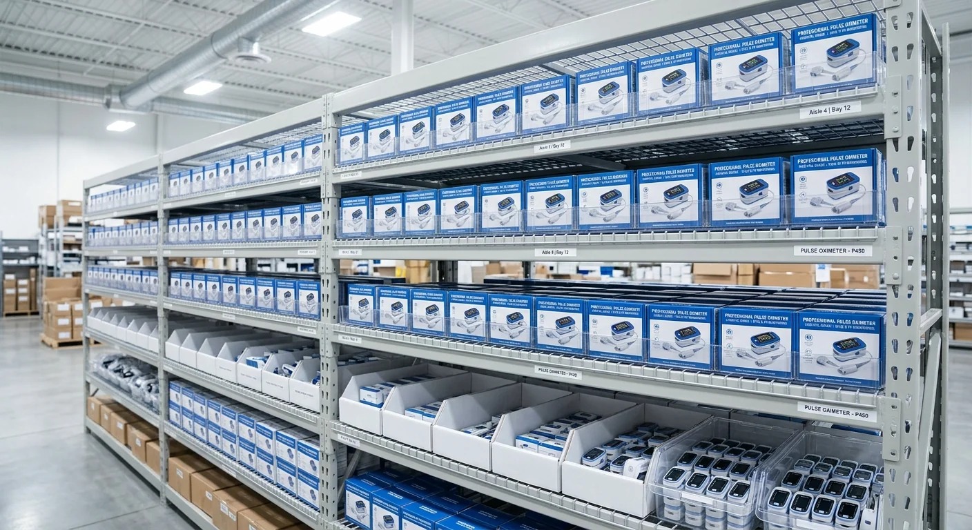 Well-stocked medical warehouse shelves showcasing bulk availability from a reliable pulse oximeter supplier in India.