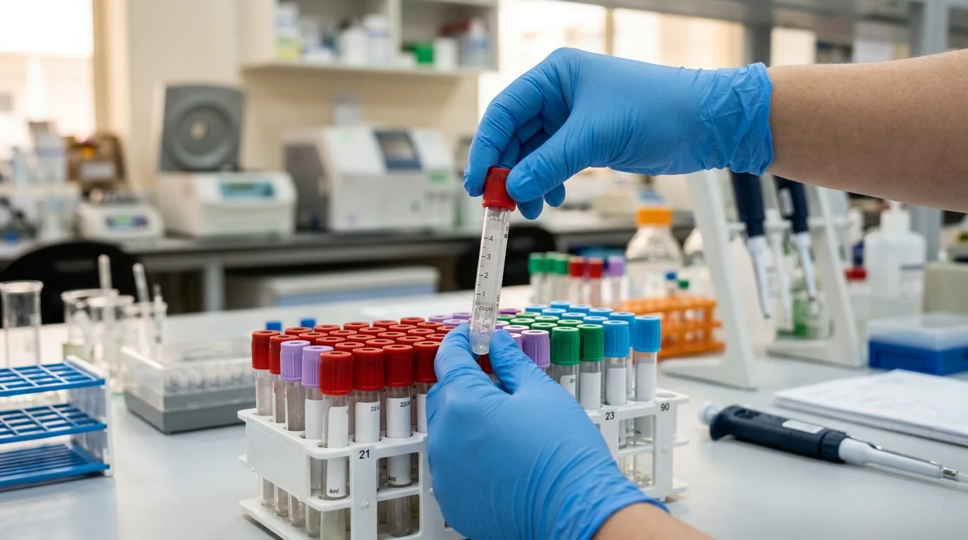 Gloved hand picking a 4ml clot activator blood collection tube from a laboratory rack.