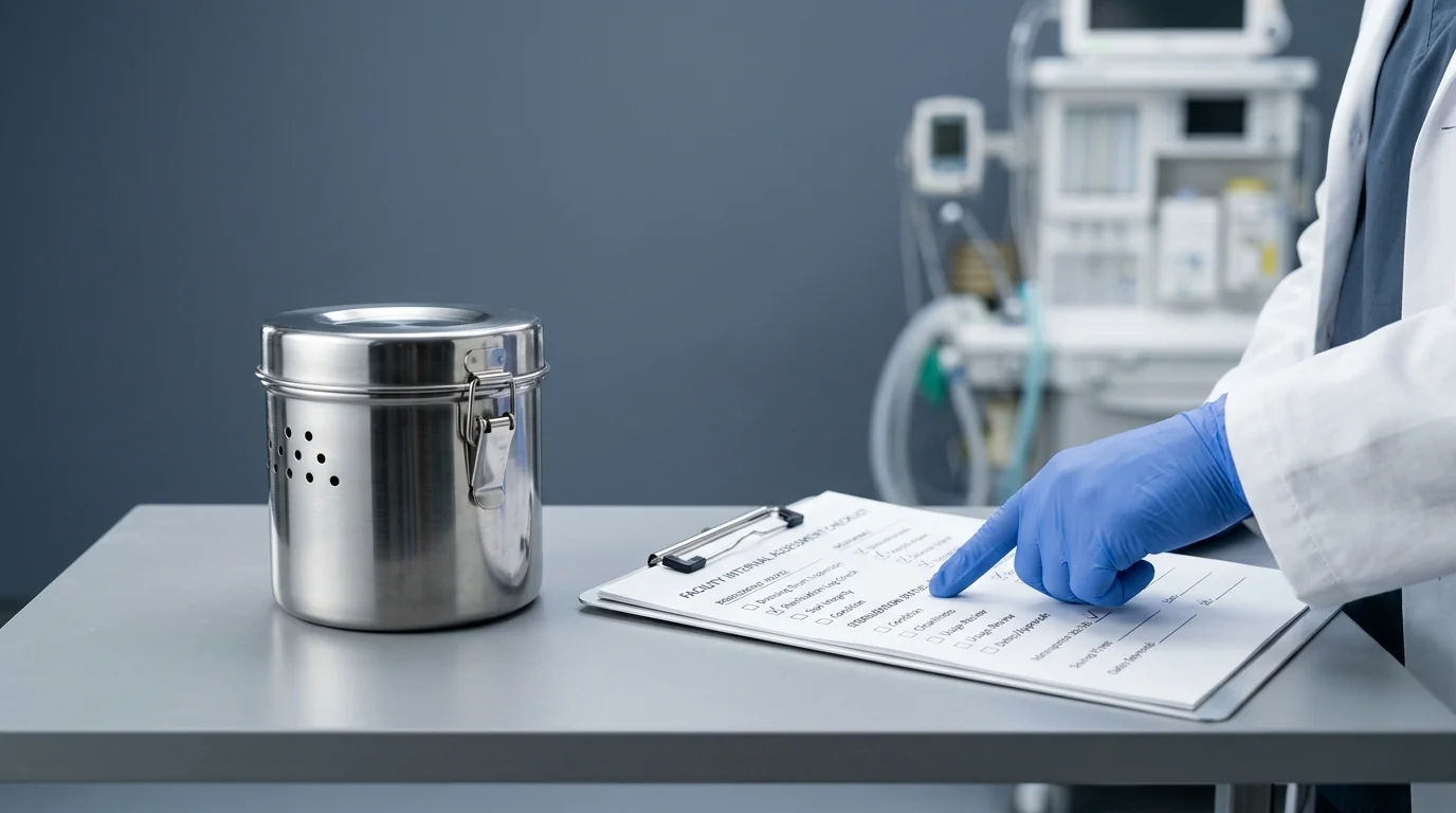 Procurement checklist next to a lifex economy dressing drum 6x6 inch in a hospital facility.