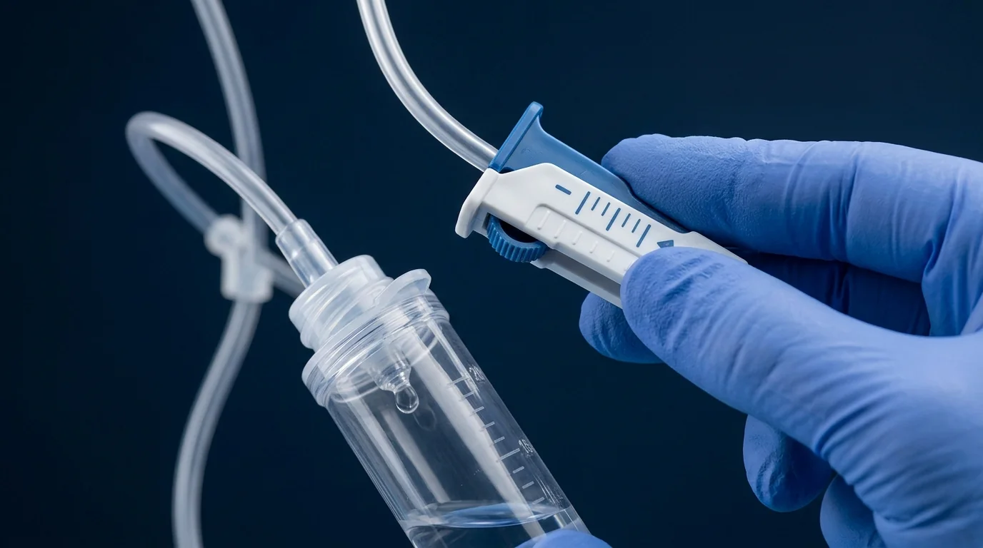 Detailed close-up of iv infusion set parts showing the drip chamber and flow control roller clamp.