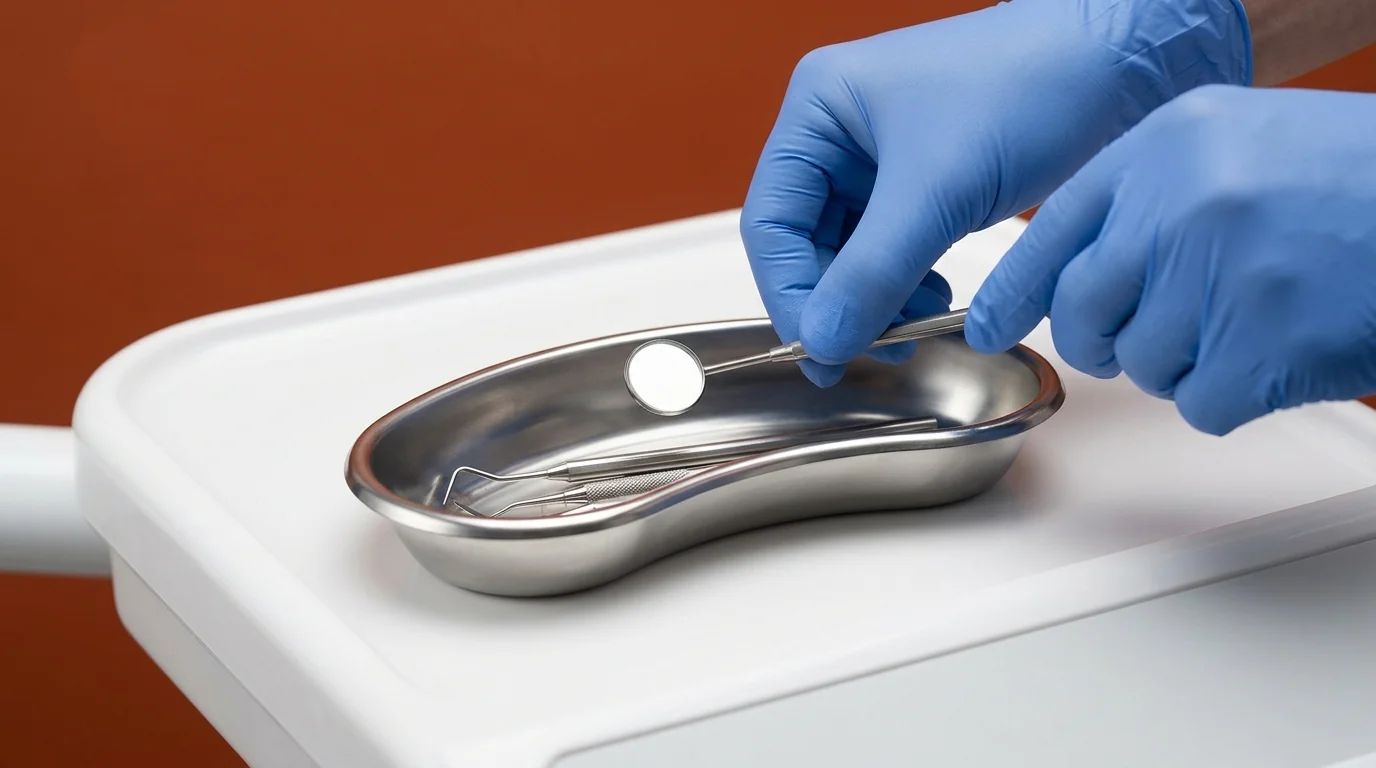 Compact 6-inch stainless steel kidney tray for small instruments in a dental clinic setting.
