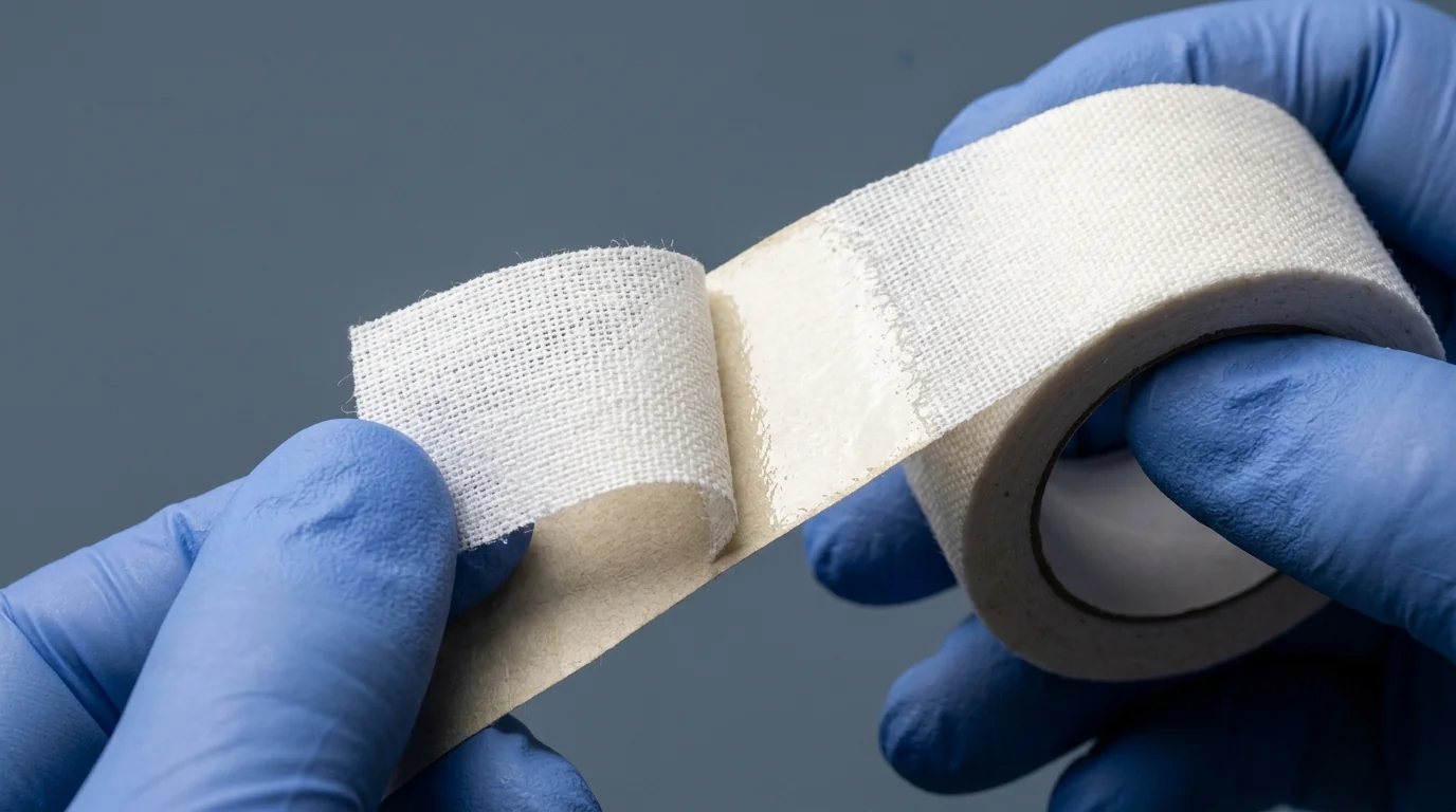 Macro view of medical bandage tape showing the porous backing material and adhesive coating.
