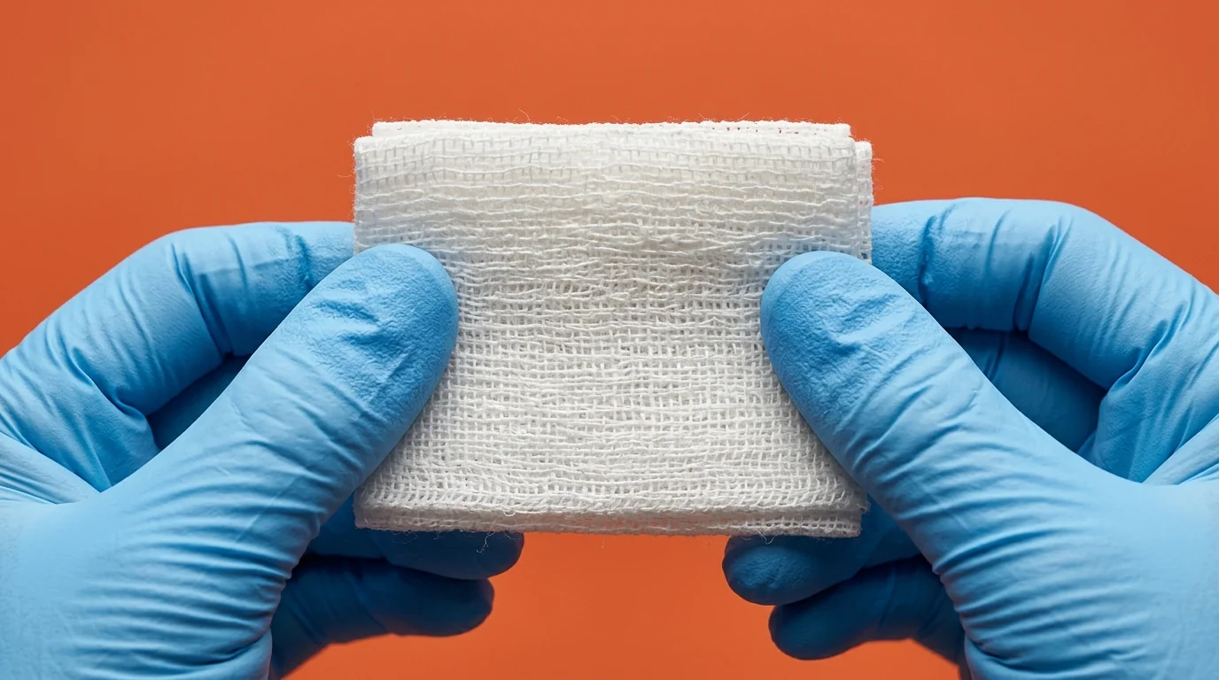 Close-up of a medical sterile pad showing the absorbent fiber texture held by gloved hands.