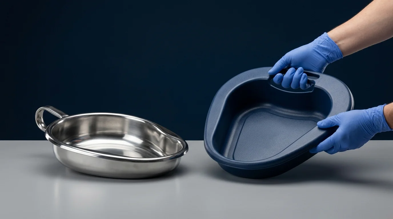 Close-up comparison of stainless steel and polymer bed pan materials for healthcare facility procurement.