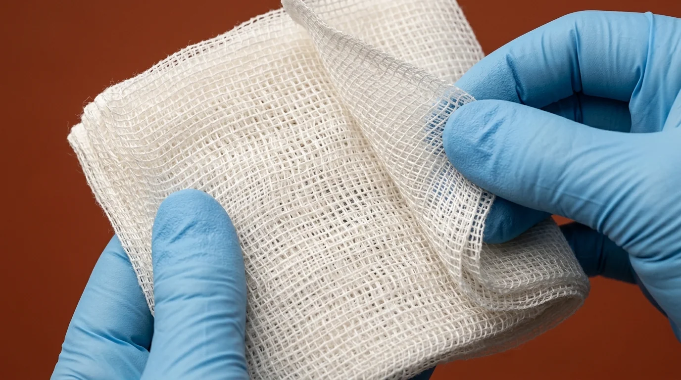 Detailed macro view of the woven cotton fiber pattern and construction of clinical medical gauze.