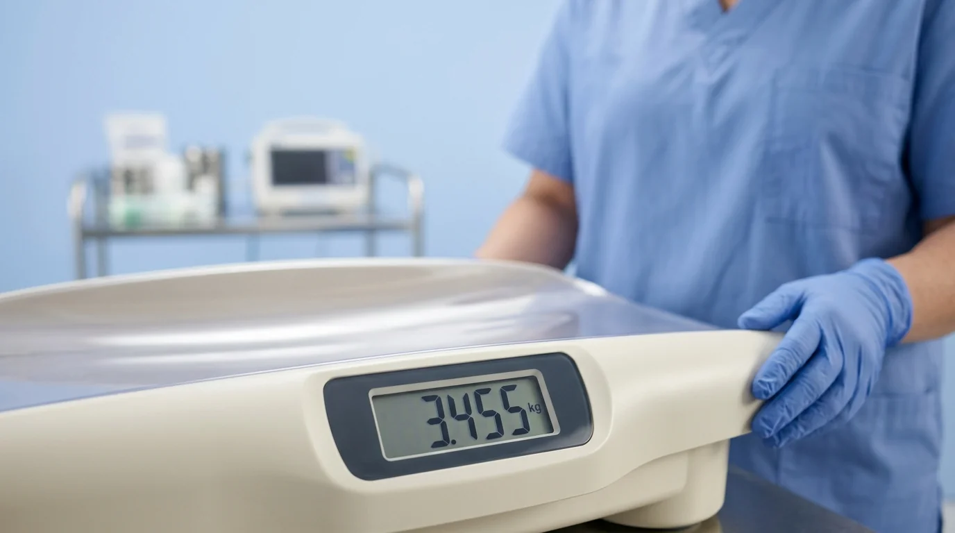 Close-up of a precise digital display on a medical-grade infant weighing scale.