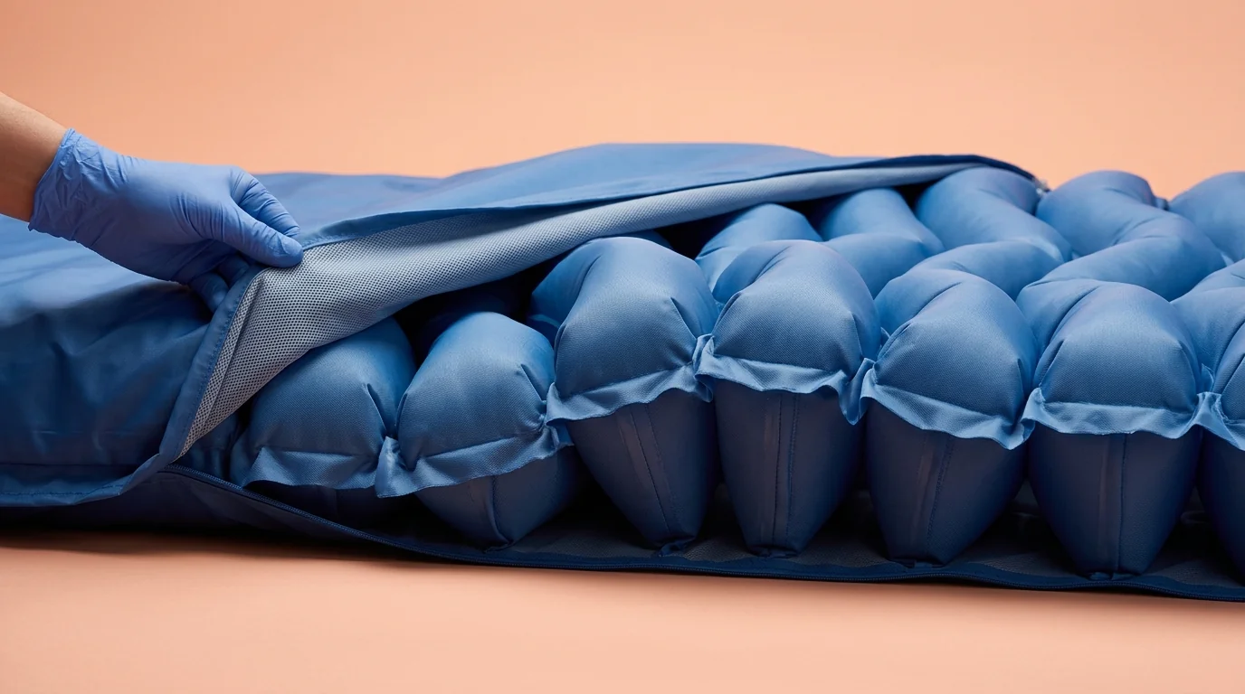 Close-up of alternating air cells in a medical air mattress for effective pressure redistribution and skin protection.