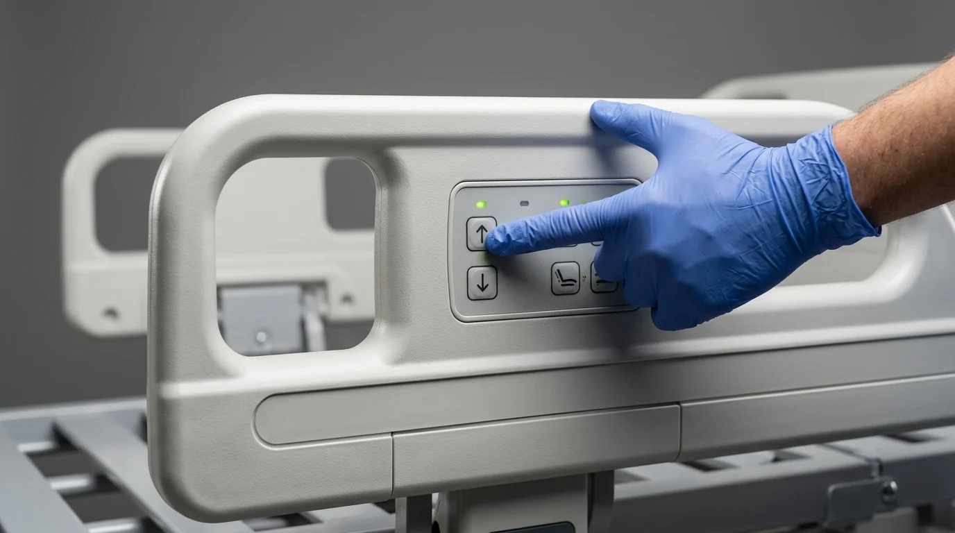 Close-up of an electric medical bed control panel illustrating functional adjustment capabilities.