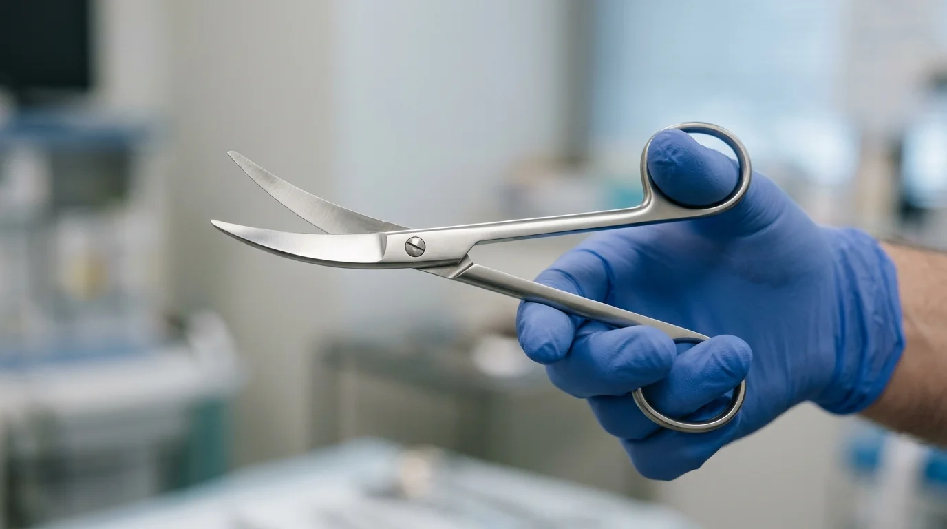 Gloved clinician holding curved-tip surgical scissors to show blade design and precision craftsmanship.
