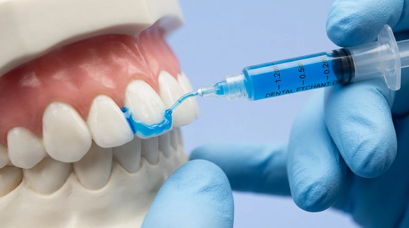 Close-up of blue dental etchant being applied to a tooth to create micromechanical retention.