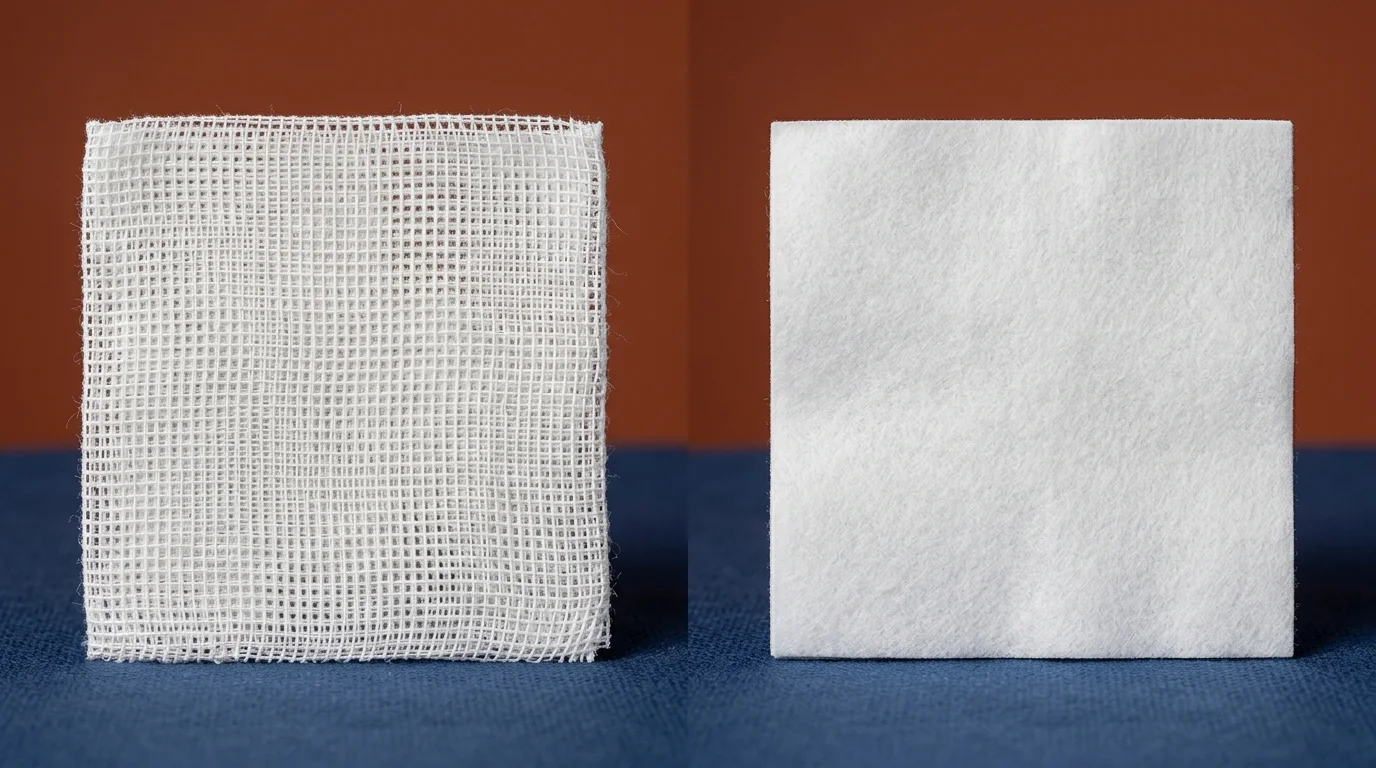Side-by-side macro comparison of woven and non-woven gauze piece fiber construction and texture.