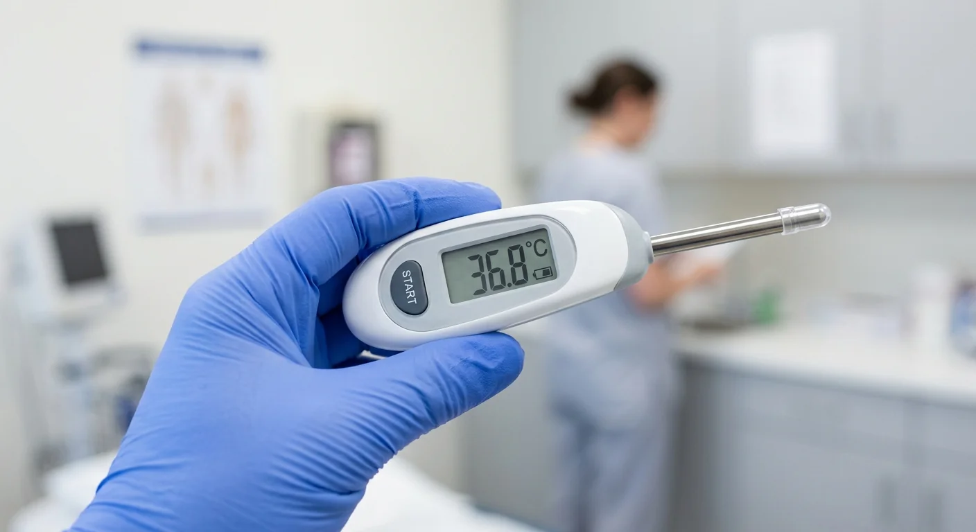 Close-up of a precision digital clinical thermometer used in a professional medical environment.