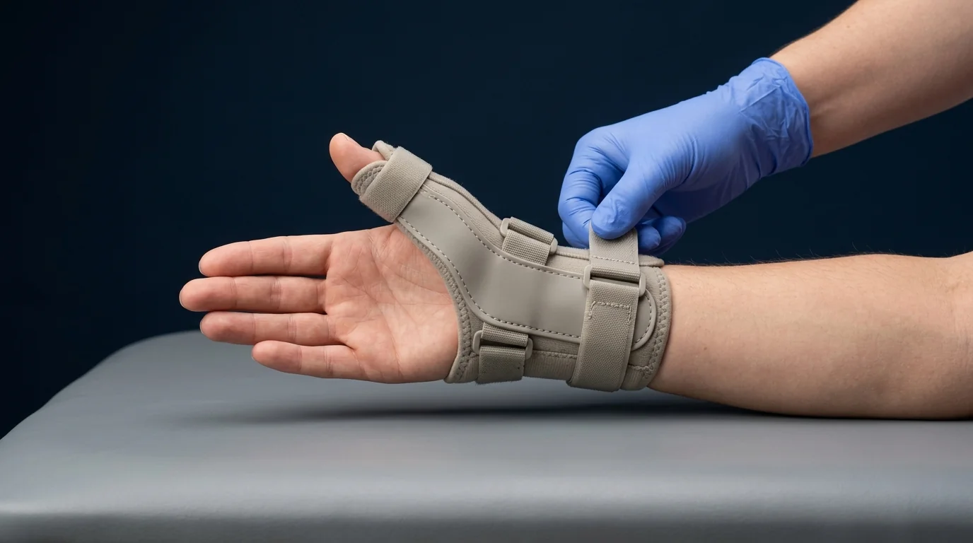 Close-up of a thumb spica splint providing targeted immobilization of the thumb basal joints.