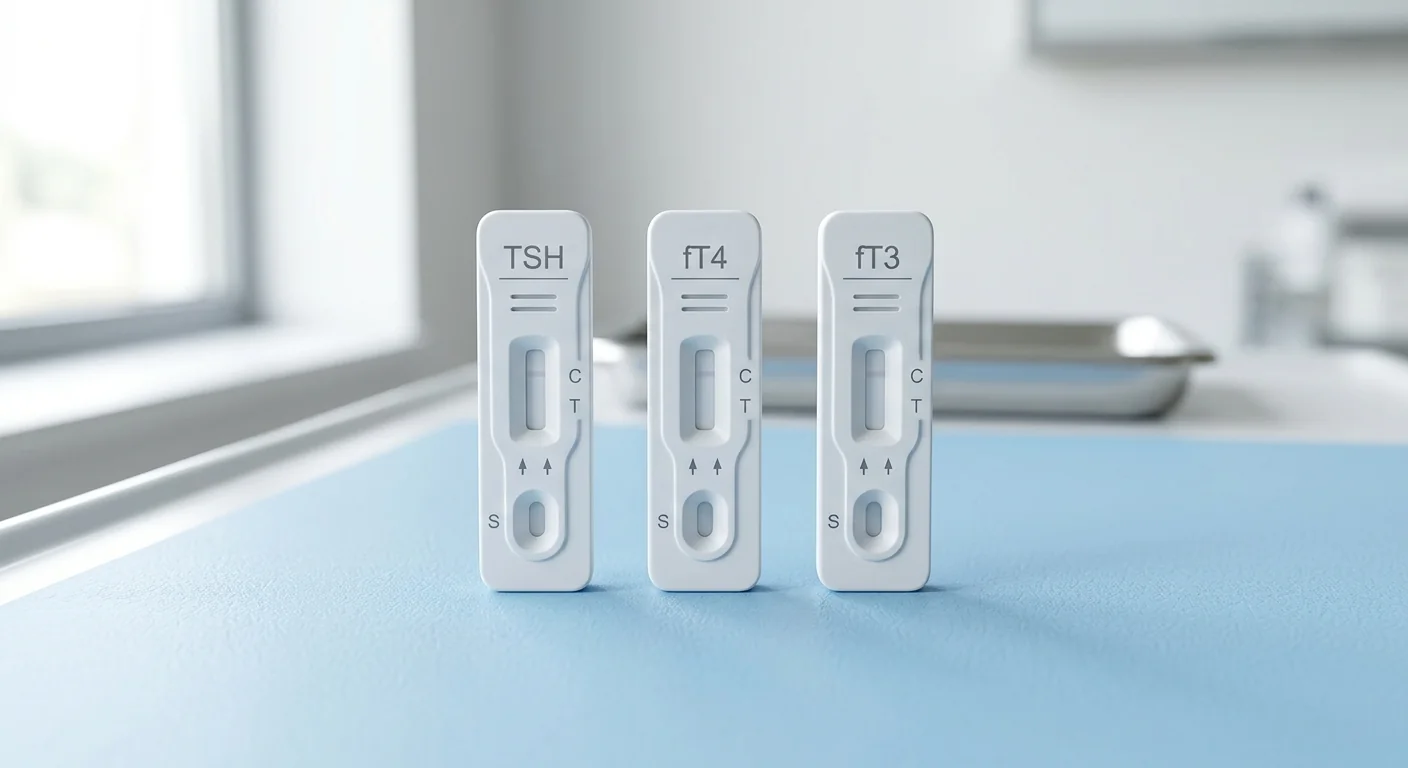 Comparison of thyroid function test kits including TSH, T4, and T3 rapid quantitative test cassettes.