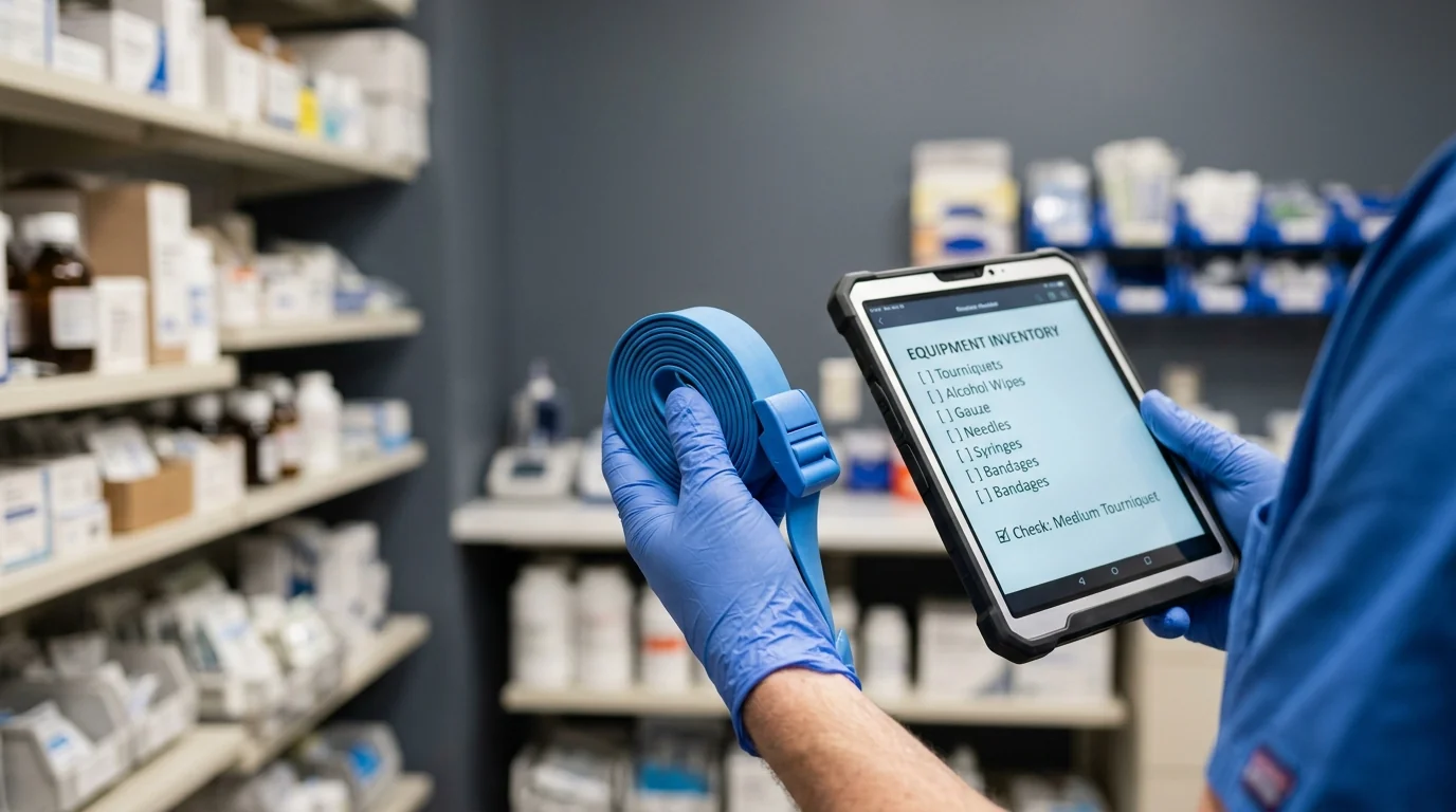 Healthcare professional conducting a procurement assessment for tynor tourniquet online sizing requirements.
