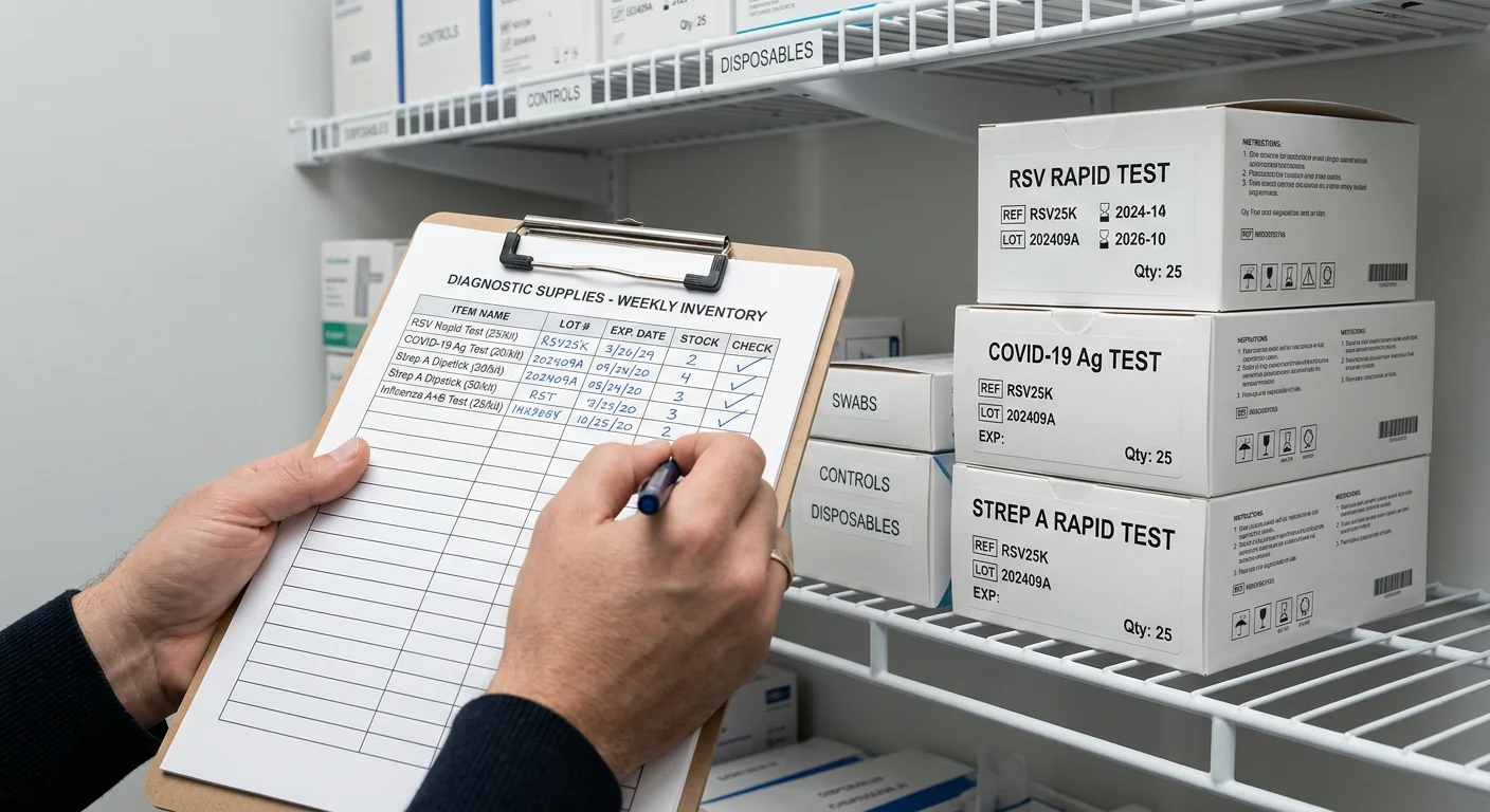 Medical procurement officer reviewing an inventory checklist for alpine rapid diagnostic test kits in storage.