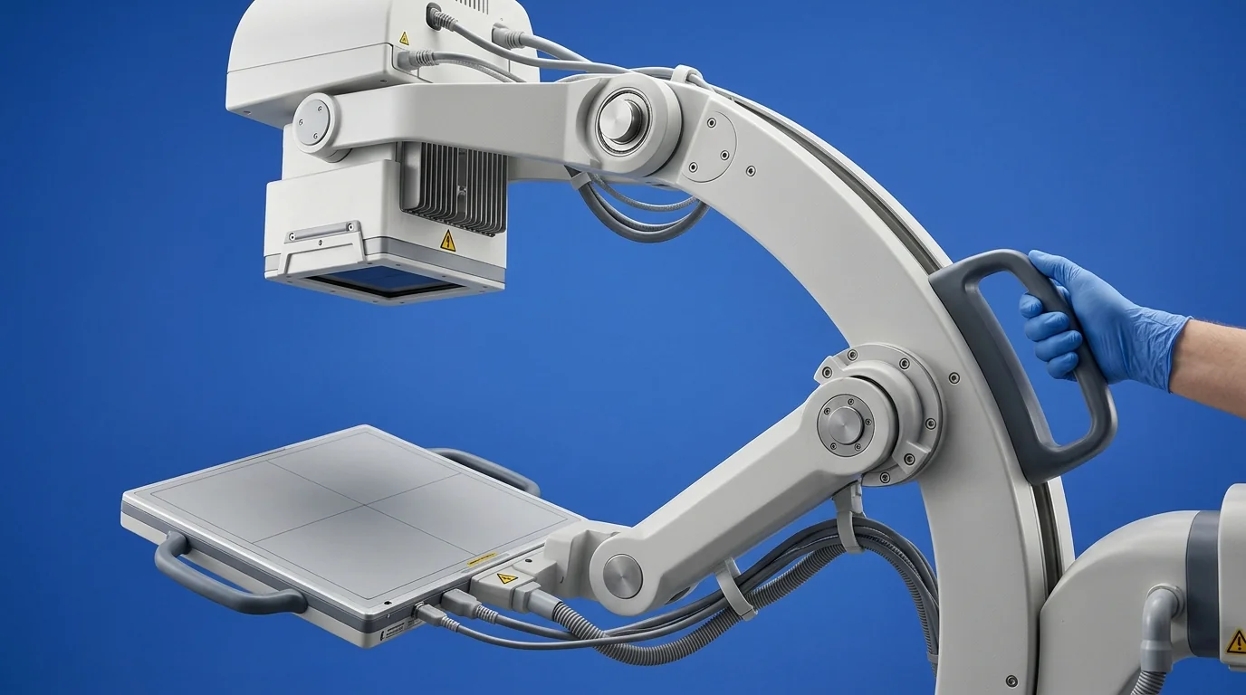 Close-up of a C-arm machine curved gantry and detector showing the multi-axial rotation mechanism.