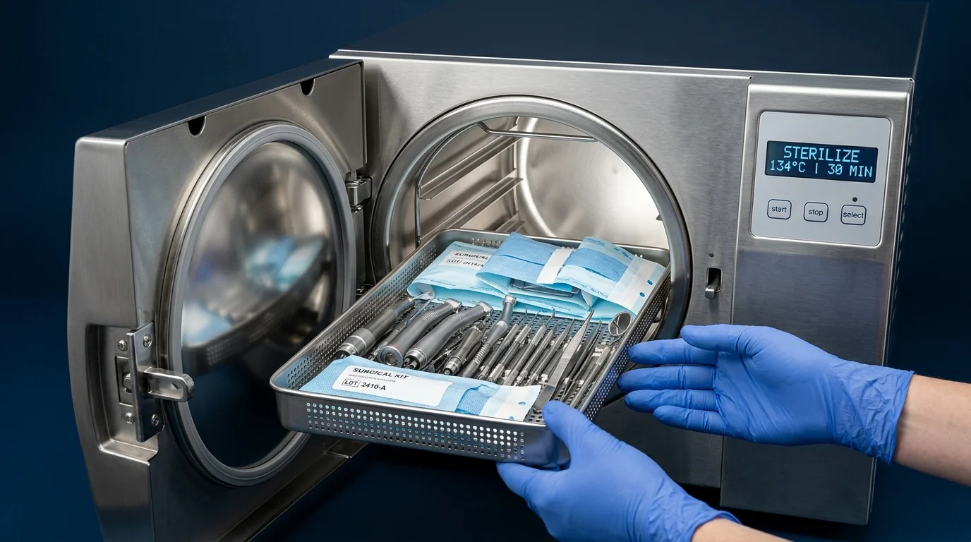 Stainless steel sterilization tray with dental handpieces entering a Class B autoclave chamber.