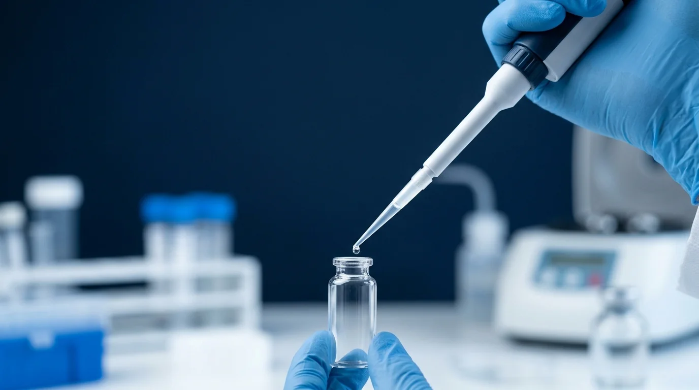 Close-up of a pipette adding liquid to a Curdia RIA vial for radioimmunoassay testing.