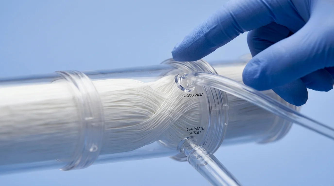 Close-up of a dialyzer showing semi-permeable membrane fibers and fluid ports for diffusion.