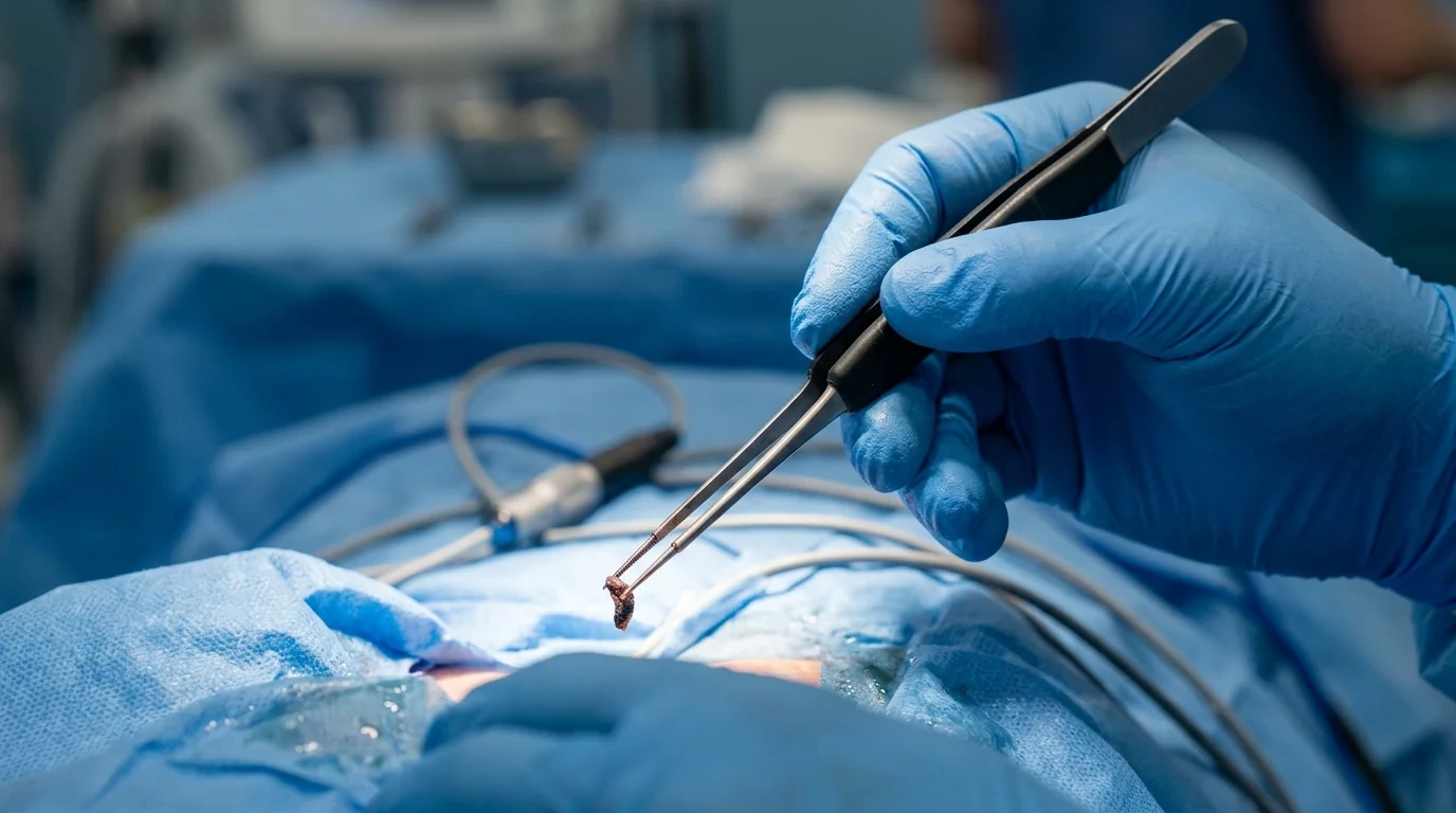 Close-up of a bipolar diathermy forceps held by a clinician for high-frequency electrosurgical application.