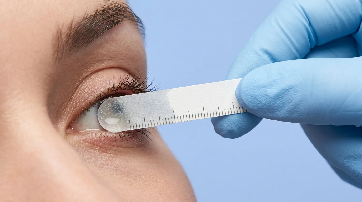 Close-up of a Schirmer strip wicking moisture during a clinical diagnostic tear film assessment.