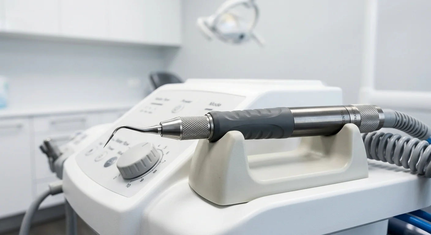 Close-up of a non-optic ultrasonic scaler handpiece and precision tip for routine dental scaling procedures.