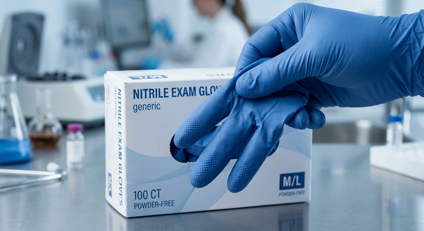 Detailed view of powder-free blue nitrile examination gloves showing the micro-textured grip and synthetic material.